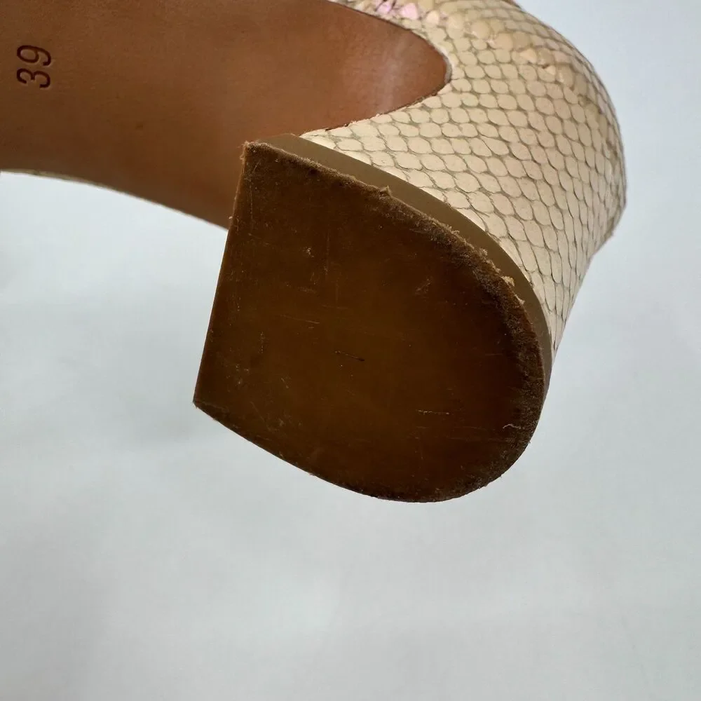 AGL D'Orsay Pink Pearlescent Snakeskin Ankle Strap Chunk Heels Size 9 US 39 EUR